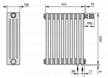 Схема (чертеж) Радиатор Zehnder Charleston 4120/9 №V002 Белый глянцевый RAL 9016